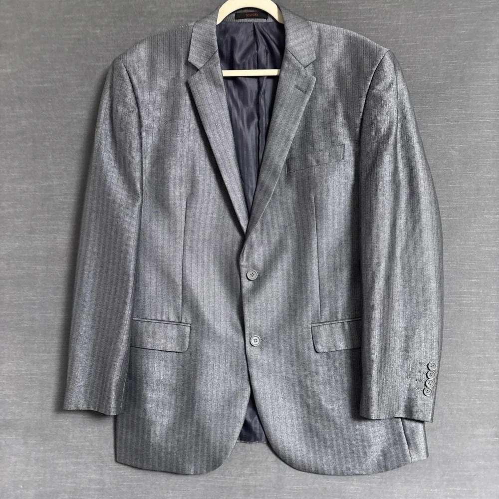 Tessori Suit 44L 43x36 Silver Herringbone 3 Piece Handmade Custom Italy Tall